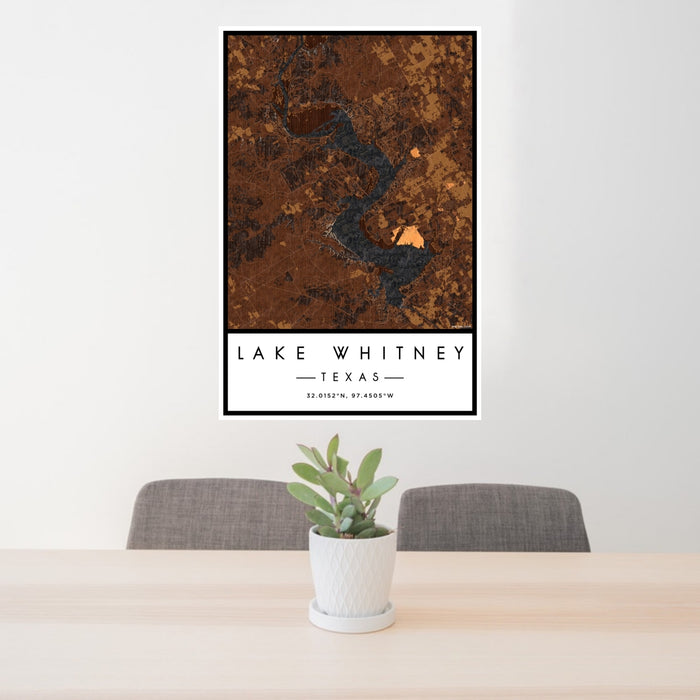 24x36 Lake Whitney Texas Map Print Portrait Orientation in Ember Style Behind 2 Chairs Table and Potted Plant