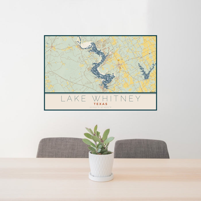 24x36 Lake Whitney Texas Map Print Lanscape Orientation in Woodblock Style Behind 2 Chairs Table and Potted Plant