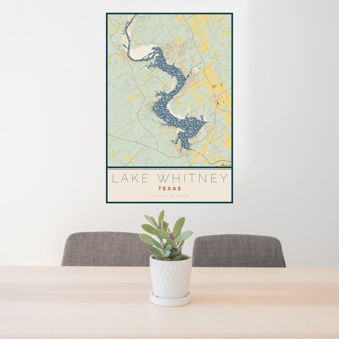 24x36 Lake Whitney Texas Map Print Portrait Orientation in Woodblock Style Behind 2 Chairs Table and Potted Plant