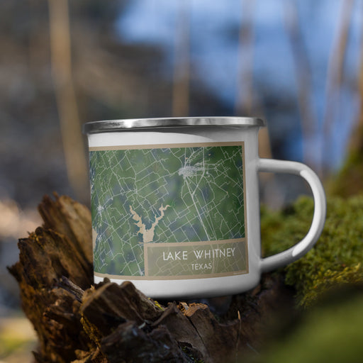 Right View Custom Lake Whitney Texas Map Enamel Mug in Afternoon on Grass With Trees in Background