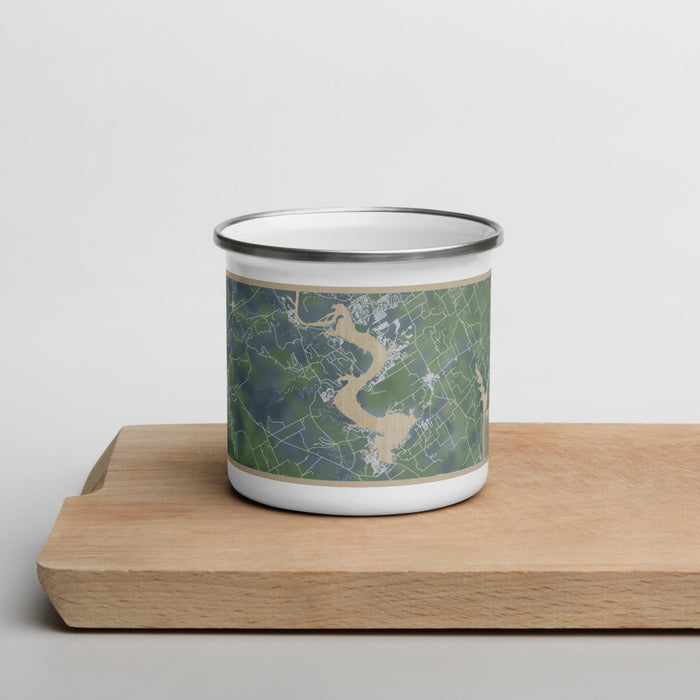 Front View Custom Lake Whitney Texas Map Enamel Mug in Afternoon on Cutting Board