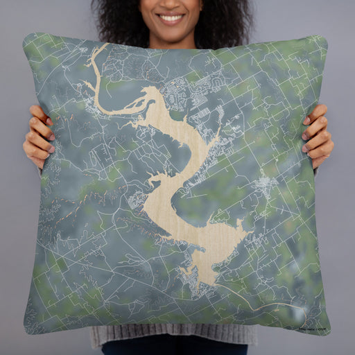 Person holding 22x22 Custom Lake Whitney Texas Map Throw Pillow in Afternoon