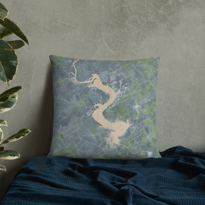 Custom Lake Whitney Texas Map Throw Pillow in Afternoon on Bedding Against Wall