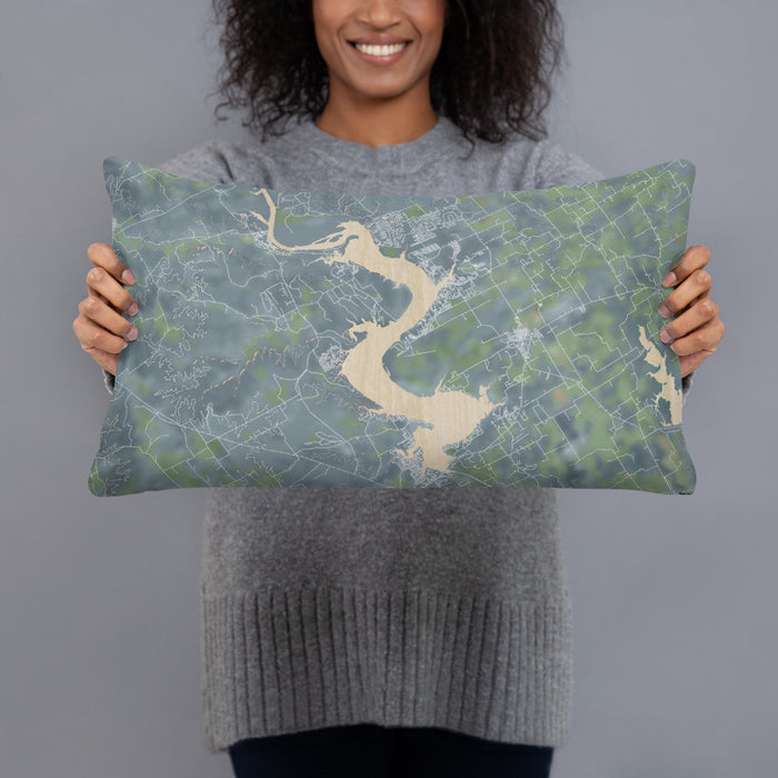 Person holding 20x12 Custom Lake Whitney Texas Map Throw Pillow in Afternoon