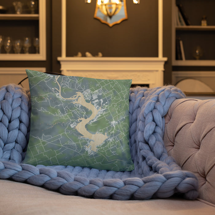 Custom Lake Whitney Texas Map Throw Pillow in Afternoon on Cream Colored Couch
