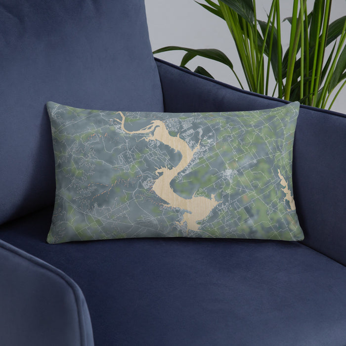 Custom Lake Whitney Texas Map Throw Pillow in Afternoon on Blue Colored Chair
