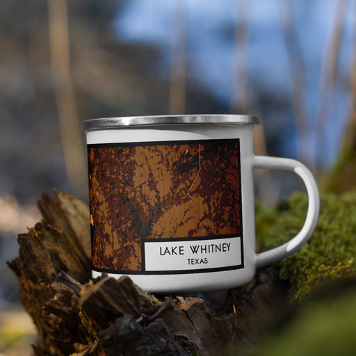 Right View Custom Lake Whitney Texas Map Enamel Mug in Ember on Grass With Trees in Background