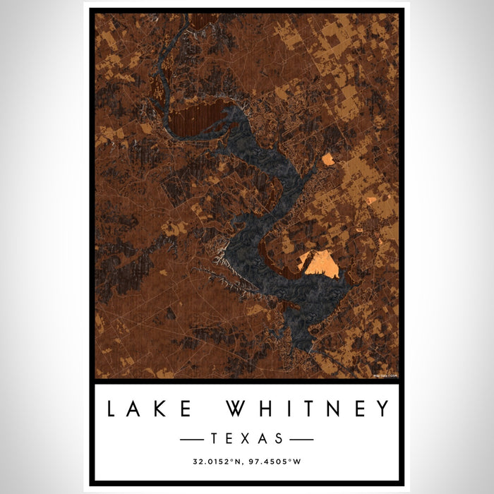 Lake Whitney Texas Map Print Portrait Orientation in Ember Style With Shaded Background