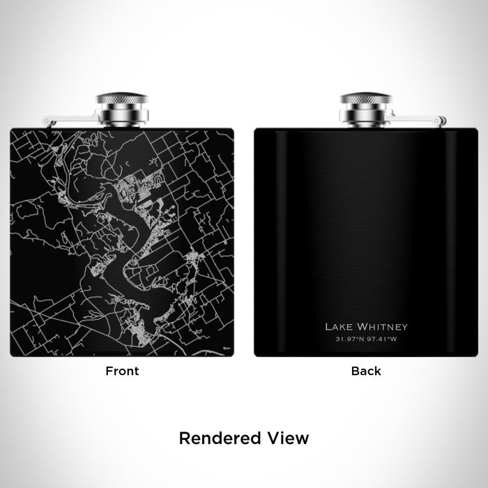 Rendered View of Lake Whitney Texas Map Engraving on 6oz Stainless Steel Flask in Black