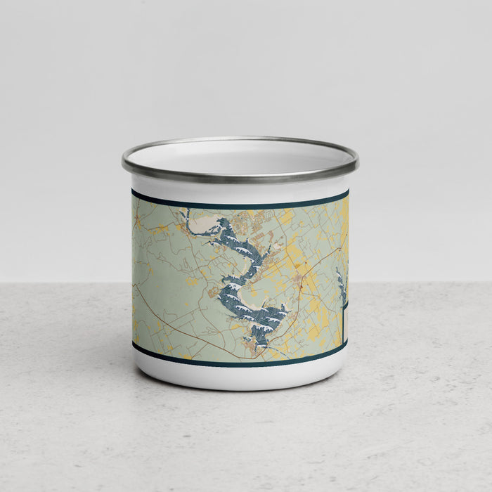 Front View Custom Lake Whitney Texas Map Enamel Mug in Woodblock