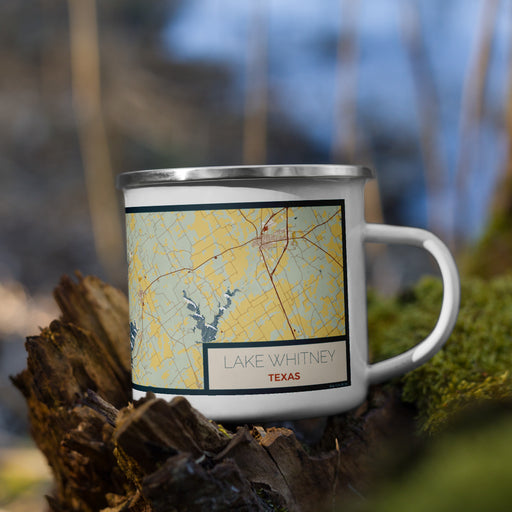 Right View Custom Lake Whitney Texas Map Enamel Mug in Woodblock on Grass With Trees in Background