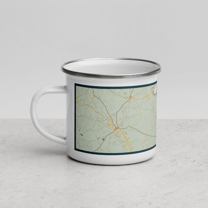 Left View Custom Lake Whitney Texas Map Enamel Mug in Woodblock