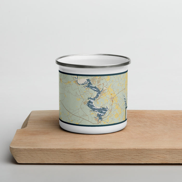 Front View Custom Lake Whitney Texas Map Enamel Mug in Woodblock on Cutting Board