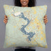 Person holding 22x22 Custom Lake Whitney Texas Map Throw Pillow in Woodblock