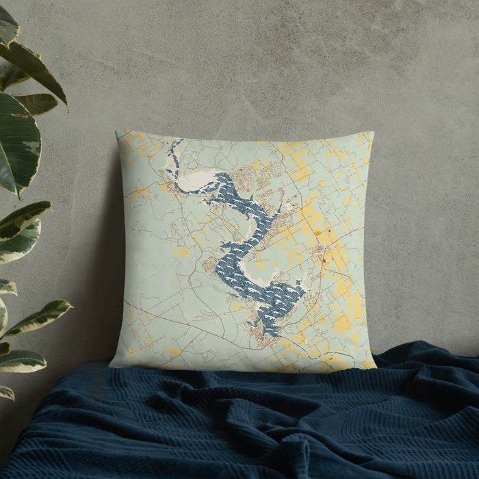 Custom Lake Whitney Texas Map Throw Pillow in Woodblock on Bedding Against Wall