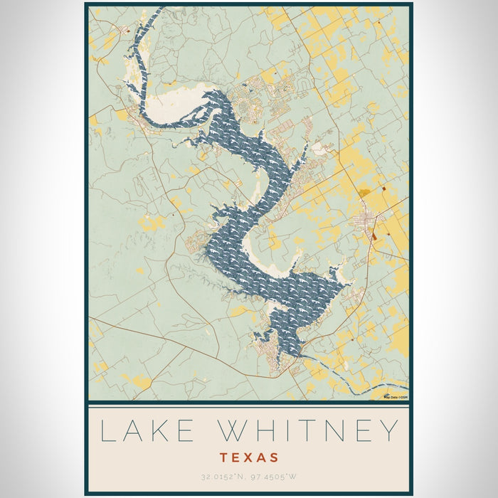 Lake Whitney Texas Map Print Portrait Orientation in Woodblock Style With Shaded Background