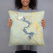 Person holding 18x18 Custom Lake Whitney Texas Map Throw Pillow in Woodblock