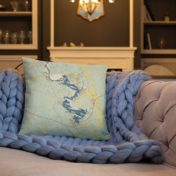 Custom Lake Whitney Texas Map Throw Pillow in Woodblock on Cream Colored Couch