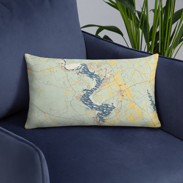 Custom Lake Whitney Texas Map Throw Pillow in Woodblock on Blue Colored Chair