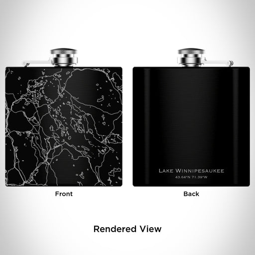 Rendered View of Lake Winnipesaukee New Hampshire Map Engraving on 6oz Stainless Steel Flask in Black