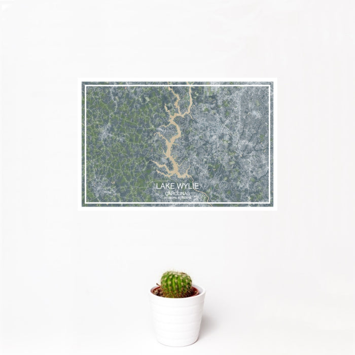 12x18 Lake Wylie Carolinas Map Print Landscape Orientation in Afternoon Style With Small Cactus Plant in White Planter