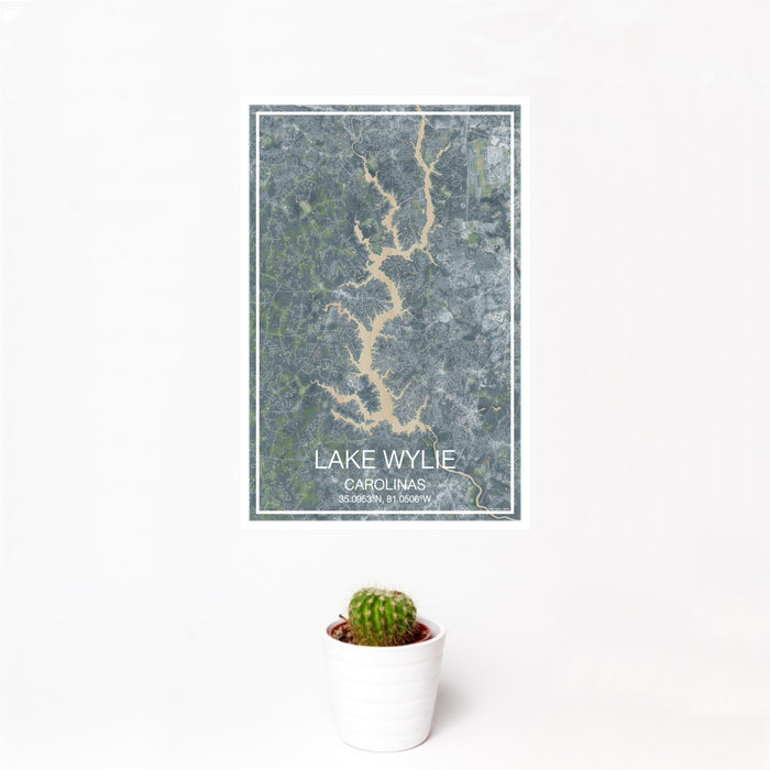 12x18 Lake Wylie Carolinas Map Print Portrait Orientation in Afternoon Style With Small Cactus Plant in White Planter