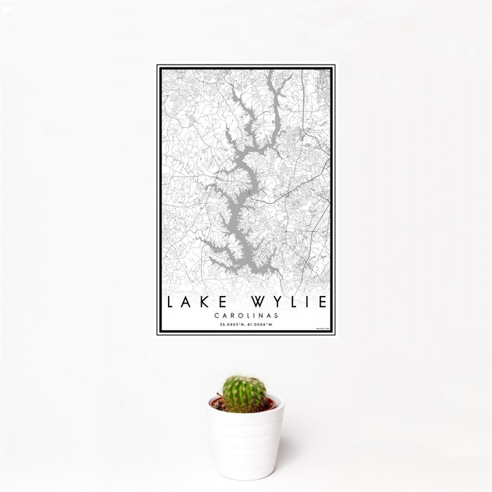 12x18 Lake Wylie Carolinas Map Print Portrait Orientation in Classic Style With Small Cactus Plant in White Planter