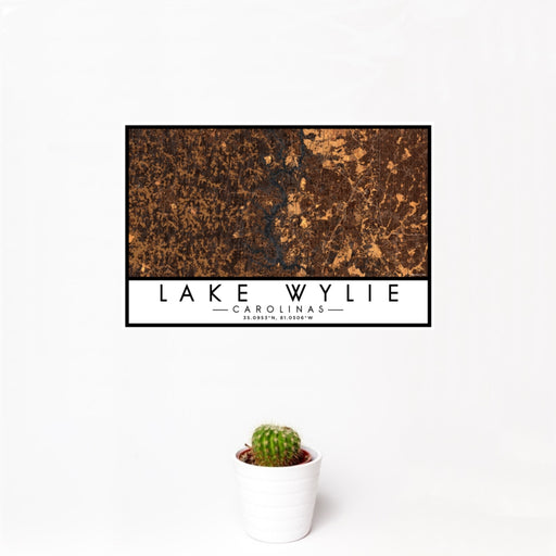 12x18 Lake Wylie Carolinas Map Print Landscape Orientation in Ember Style With Small Cactus Plant in White Planter