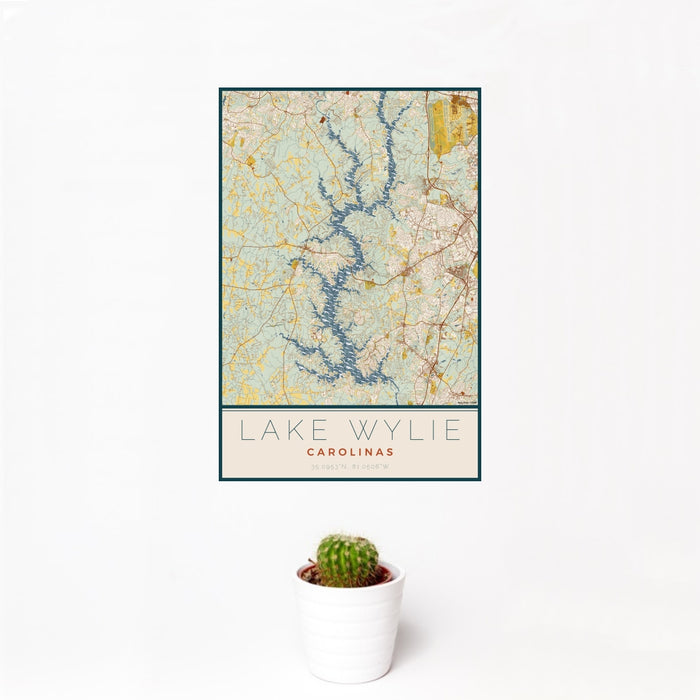 12x18 Lake Wylie Carolinas Map Print Portrait Orientation in Woodblock Style With Small Cactus Plant in White Planter