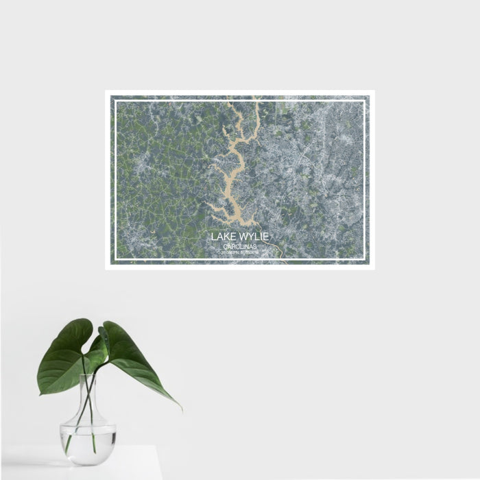 16x24 Lake Wylie Carolinas Map Print Landscape Orientation in Afternoon Style With Tropical Plant Leaves in Water