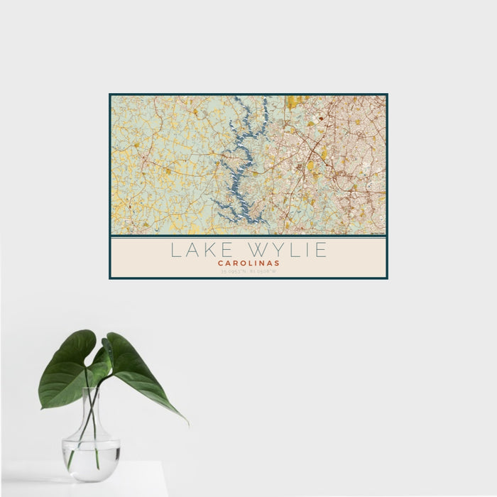 16x24 Lake Wylie Carolinas Map Print Landscape Orientation in Woodblock Style With Tropical Plant Leaves in Water