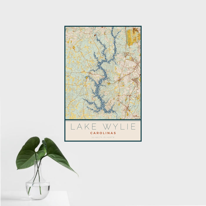 16x24 Lake Wylie Carolinas Map Print Portrait Orientation in Woodblock Style With Tropical Plant Leaves in Water
