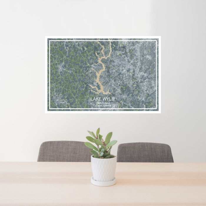 24x36 Lake Wylie Carolinas Map Print Landscape Orientation in Afternoon Style Behind 2 Chairs Table and Potted Plant