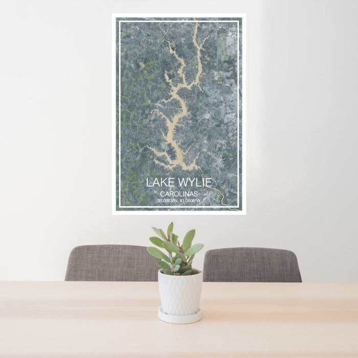 24x36 Lake Wylie Carolinas Map Print Portrait Orientation in Afternoon Style Behind 2 Chairs Table and Potted Plant