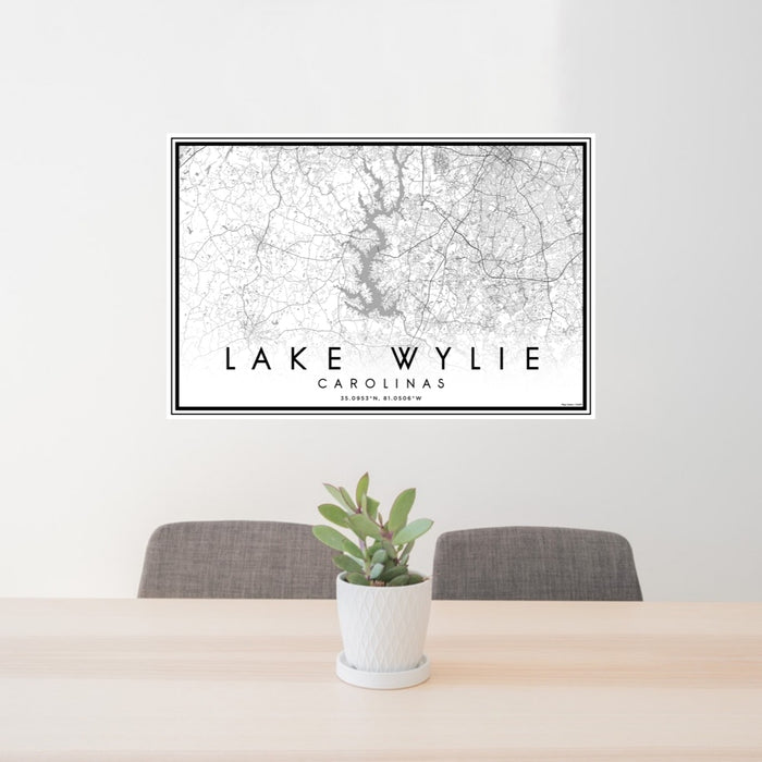 24x36 Lake Wylie Carolinas Map Print Landscape Orientation in Classic Style Behind 2 Chairs Table and Potted Plant