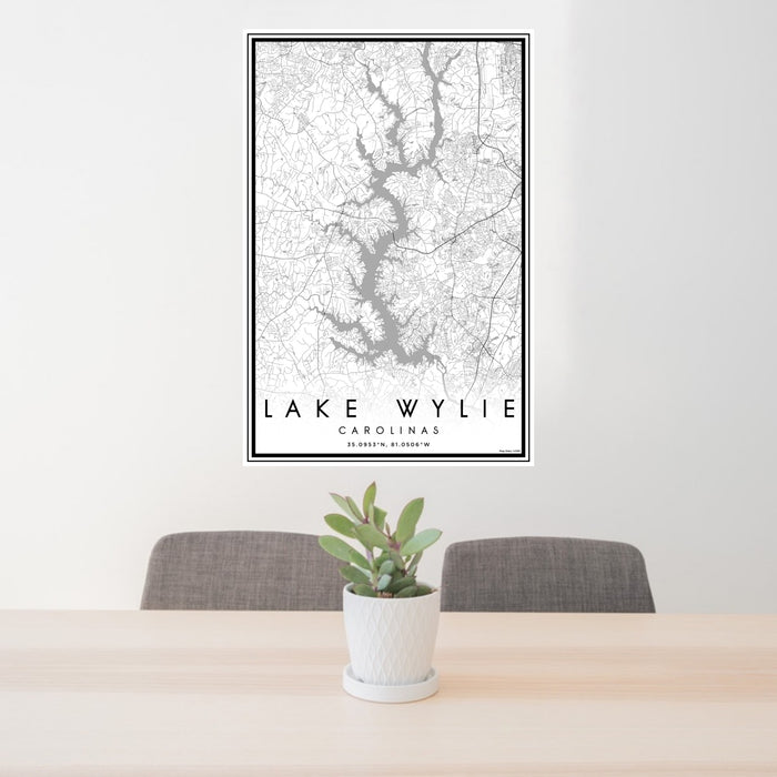 24x36 Lake Wylie Carolinas Map Print Portrait Orientation in Classic Style Behind 2 Chairs Table and Potted Plant