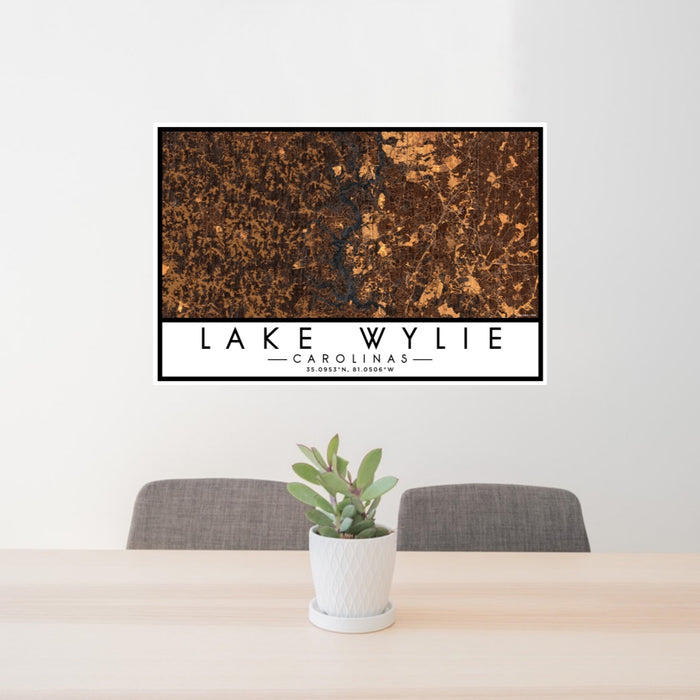 24x36 Lake Wylie Carolinas Map Print Landscape Orientation in Ember Style Behind 2 Chairs Table and Potted Plant