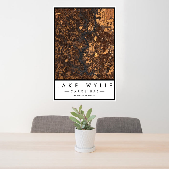 24x36 Lake Wylie Carolinas Map Print Portrait Orientation in Ember Style Behind 2 Chairs Table and Potted Plant