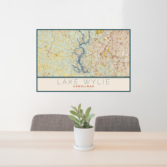 24x36 Lake Wylie Carolinas Map Print Landscape Orientation in Woodblock Style Behind 2 Chairs Table and Potted Plant