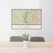 24x36 Lake Wylie Carolinas Map Print Landscape Orientation in Woodblock Style Behind 2 Chairs Table and Potted Plant
