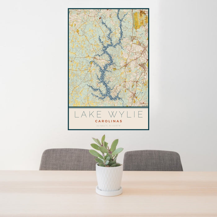 24x36 Lake Wylie Carolinas Map Print Portrait Orientation in Woodblock Style Behind 2 Chairs Table and Potted Plant