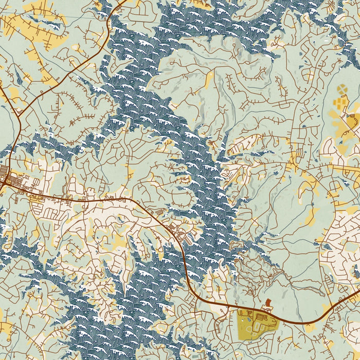 Lake Wylie Carolinas Map Print in Woodblock Style Zoomed In Close Up Showing Details