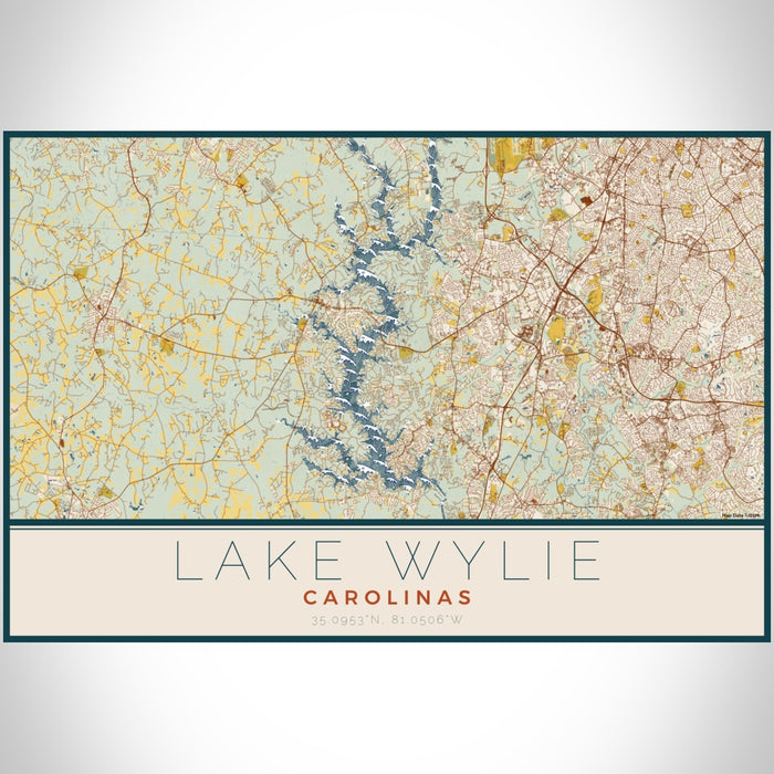 Lake Wylie Carolinas Map Print Landscape Orientation in Woodblock Style With Shaded Background