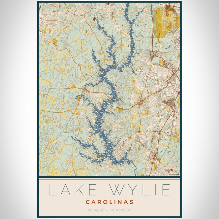 Lake Wylie Carolinas Map Print Portrait Orientation in Woodblock Style With Shaded Background