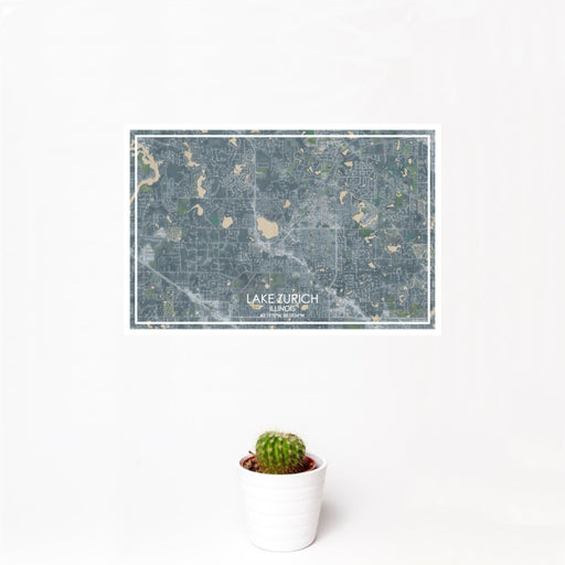 12x18 Lake Zurich Illinois Map Print Landscape Orientation in Afternoon Style With Small Cactus Plant in White Planter