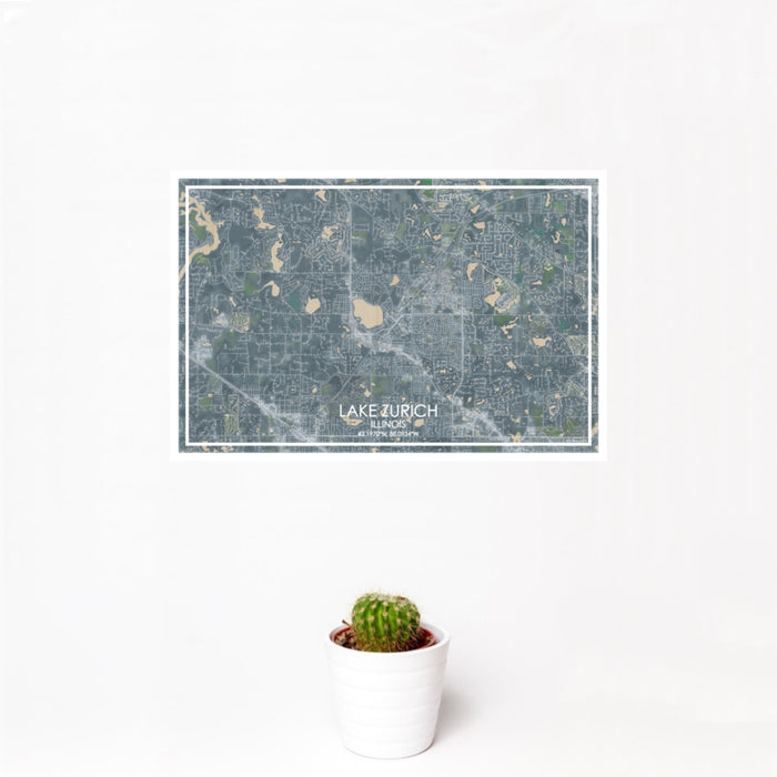 12x18 Lake Zurich Illinois Map Print Landscape Orientation in Afternoon Style With Small Cactus Plant in White Planter