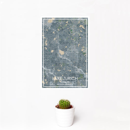 12x18 Lake Zurich Illinois Map Print Portrait Orientation in Afternoon Style With Small Cactus Plant in White Planter