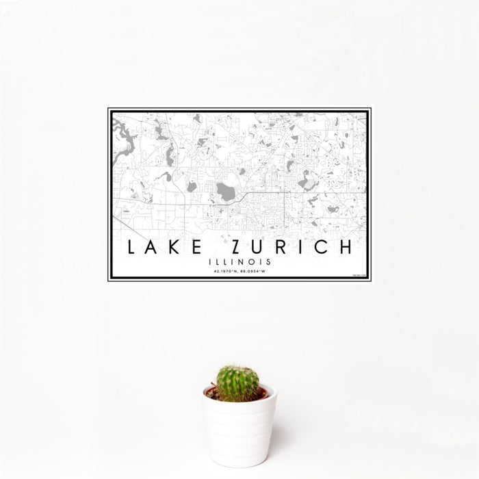 12x18 Lake Zurich Illinois Map Print Landscape Orientation in Classic Style With Small Cactus Plant in White Planter