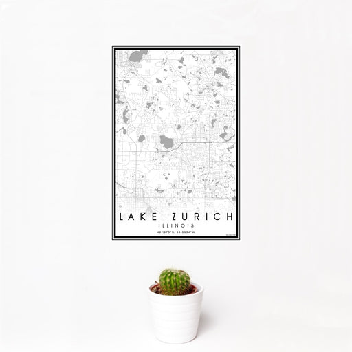 12x18 Lake Zurich Illinois Map Print Portrait Orientation in Classic Style With Small Cactus Plant in White Planter