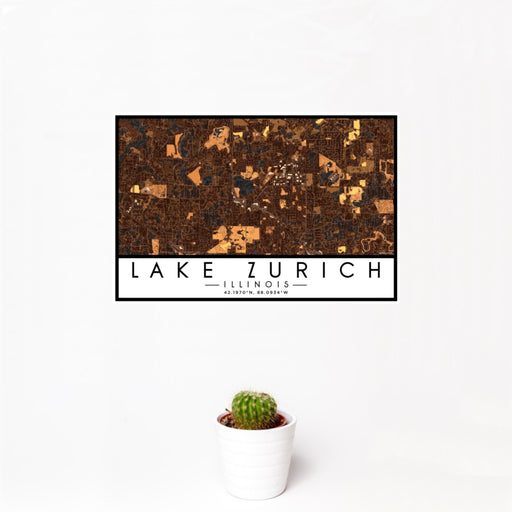 12x18 Lake Zurich Illinois Map Print Landscape Orientation in Ember Style With Small Cactus Plant in White Planter